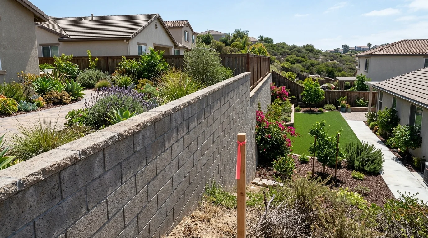 Block retaining wall along a surveyed property line between two San Diego backyards
